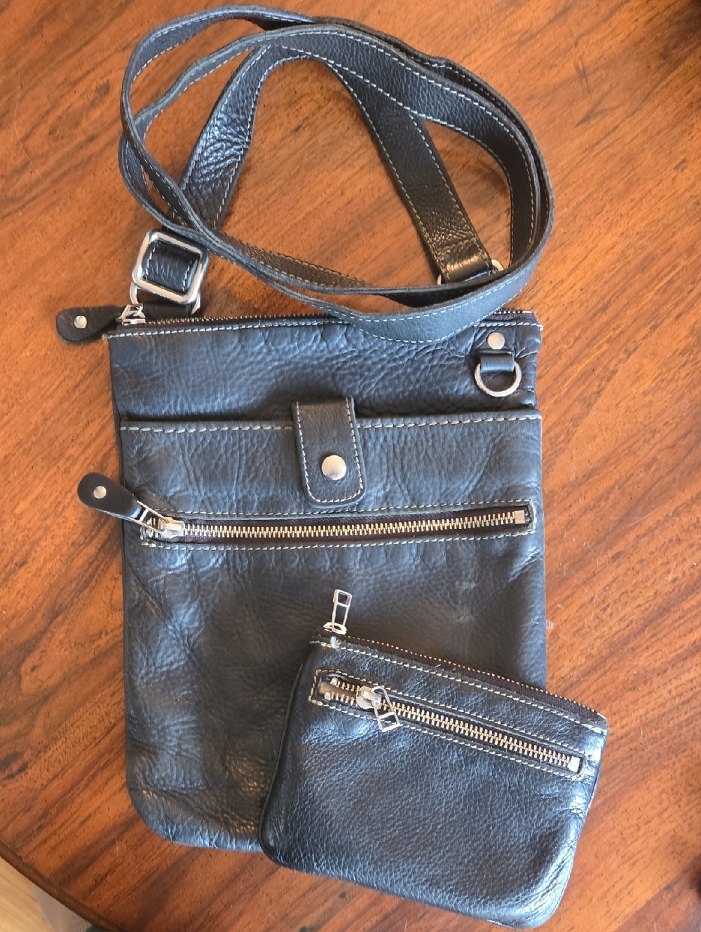 Roots Black Leather Logo Patch Bag Vtg With Coin Purse